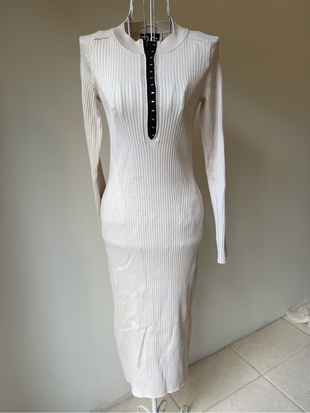 Rag & Bone Brynn Rib Dress Cream Ivory Hook Front Knit Midi Bodycon Size S